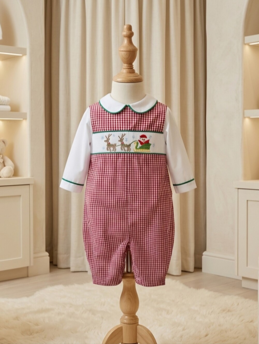 Petit Ami Smocked Santa Sleigh Gingham Jon Jon NWT Size 3M
